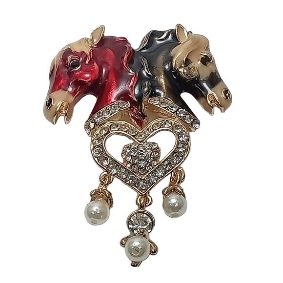 Enchanted Twin Horse Heart Brooch Pendant - Picture 3 of 11